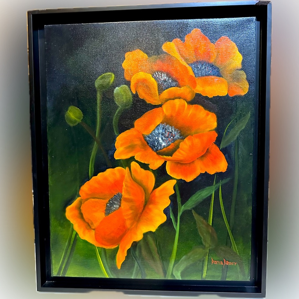 VTG RARE ORIGINAL OIL POPPY PAINTING DIANA BAUER OILS BY DI 18”x22” PICTURE ART